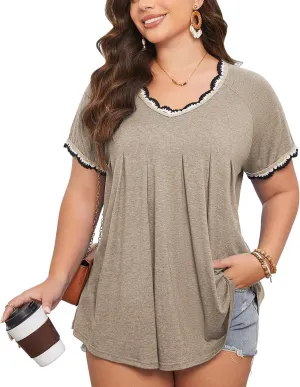 AMCLOS Plus Size Tops for Women T-Shirt With Contrast V-Neck Pleated Short Sleeve Blouses Casual Tunic Summer 2025