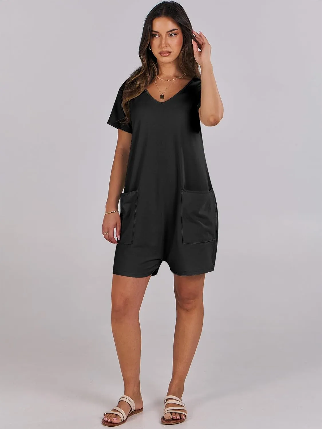 ANRABESS Rompers for Women Summer Casual Short Sleeve Jumpsuits V Neck Loose Fit One Piece Outfits with Pockets 2025 Clothes