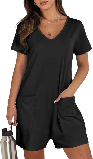 ANRABESS Rompers for Women Summer Casual Short Sleeve Jumpsuits V Neck Loose Fit One Piece Outfits with Pockets 2025 Clothes
