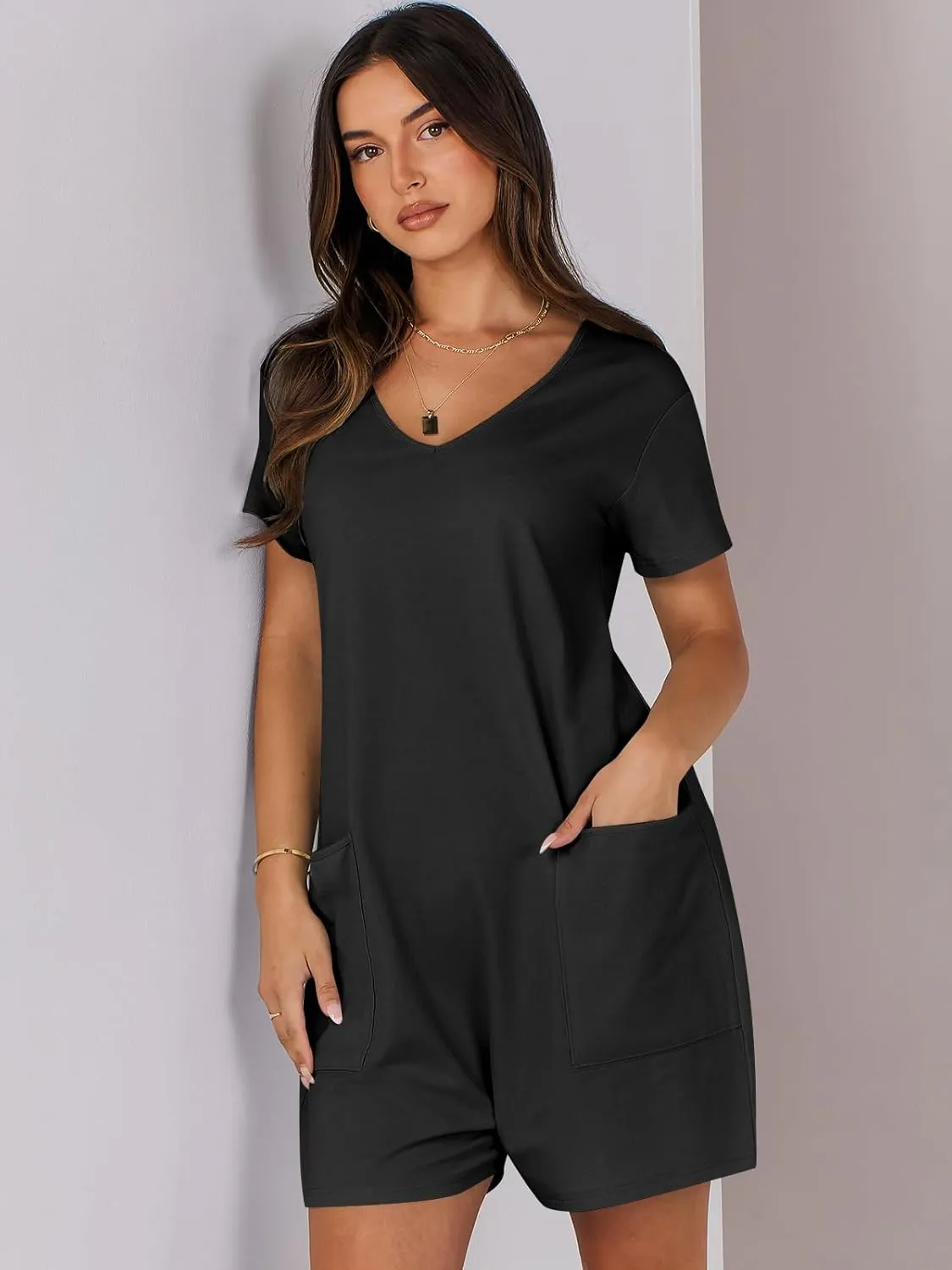 ANRABESS Rompers for Women Summer Casual Short Sleeve Jumpsuits V Neck Loose Fit One Piece Outfits with Pockets 2025 Clothes