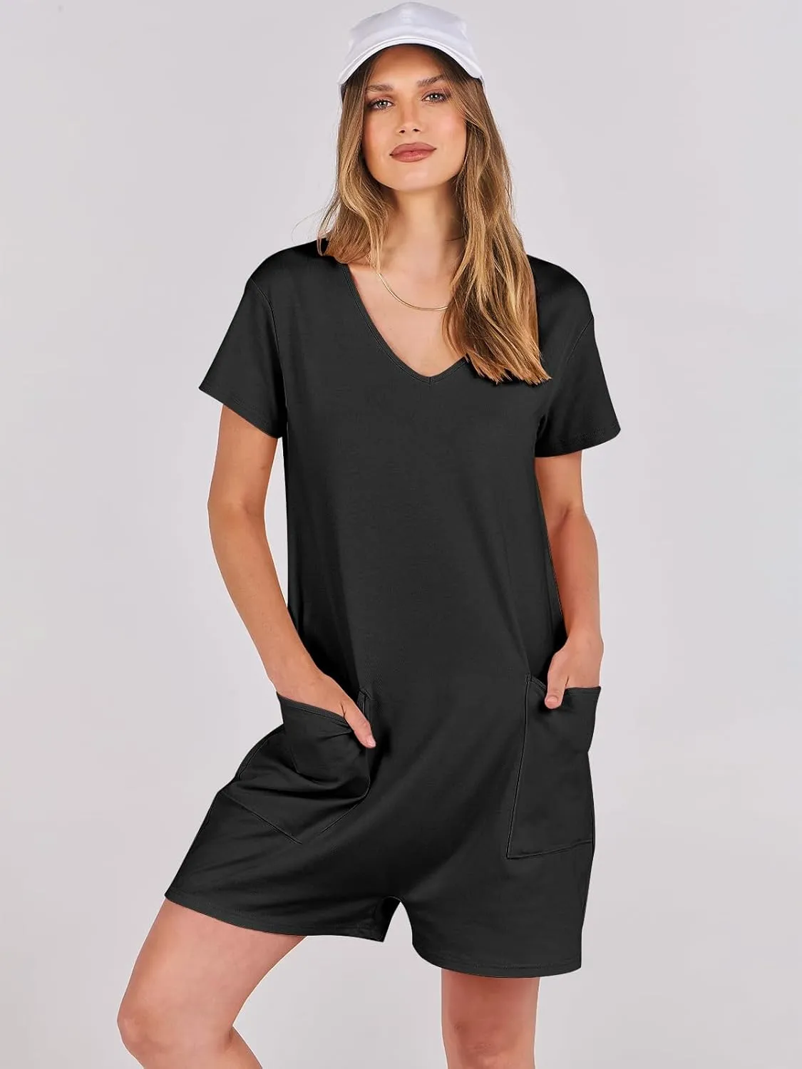 ANRABESS Rompers for Women Summer Casual Short Sleeve Jumpsuits V Neck Loose Fit One Piece Outfits with Pockets 2025 Clothes