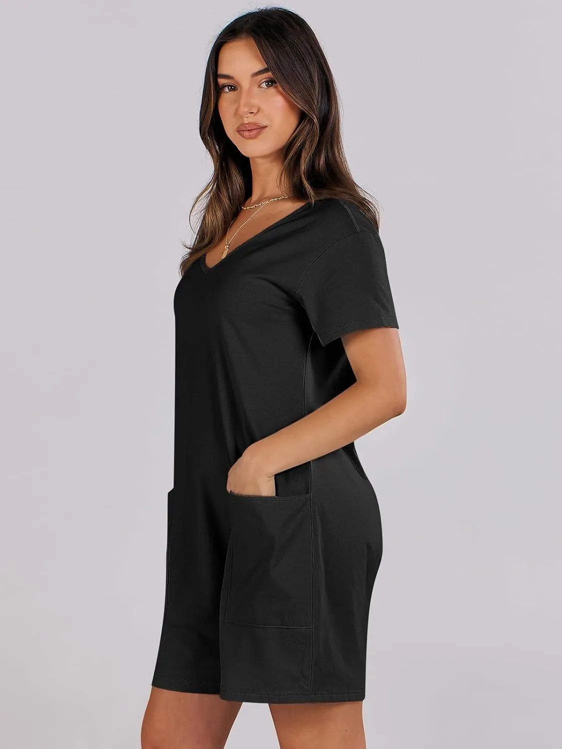ANRABESS Rompers for Women Summer Casual Short Sleeve Jumpsuits V Neck Loose Fit One Piece Outfits with Pockets 2025 Clothes