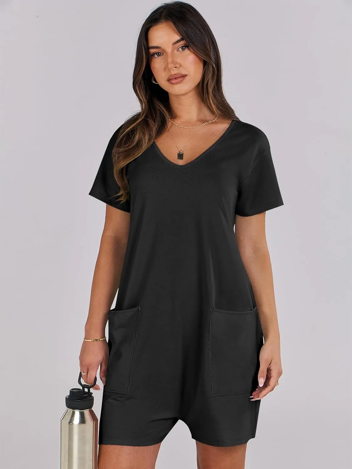 ANRABESS Rompers for Women Summer Casual Short Sleeve Jumpsuits V Neck Loose Fit One Piece Outfits with Pockets 2025 Clothes