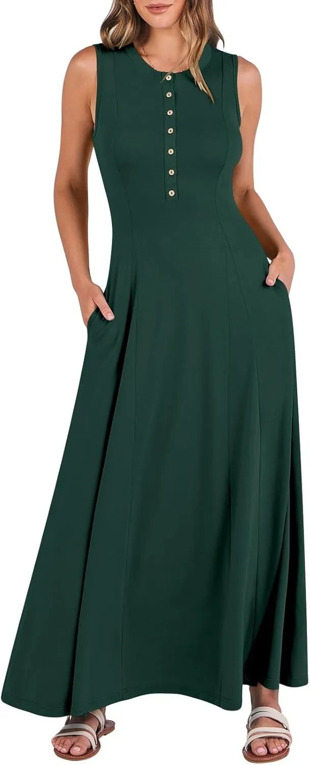 ANRABESS Women Summer Casual Sleeveless Maxi Sundress Button Fit & Flare A-Line Flowy Long Dresses 2025 Beach Outfits