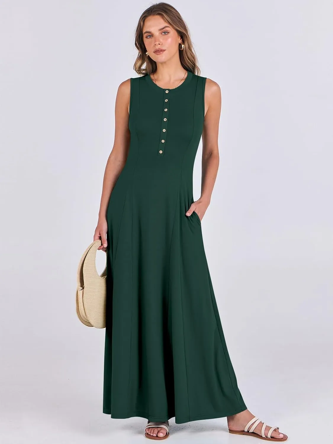 ANRABESS Women Summer Casual Sleeveless Maxi Sundress Button Fit & Flare A-Line Flowy Long Dresses 2025 Beach Outfits