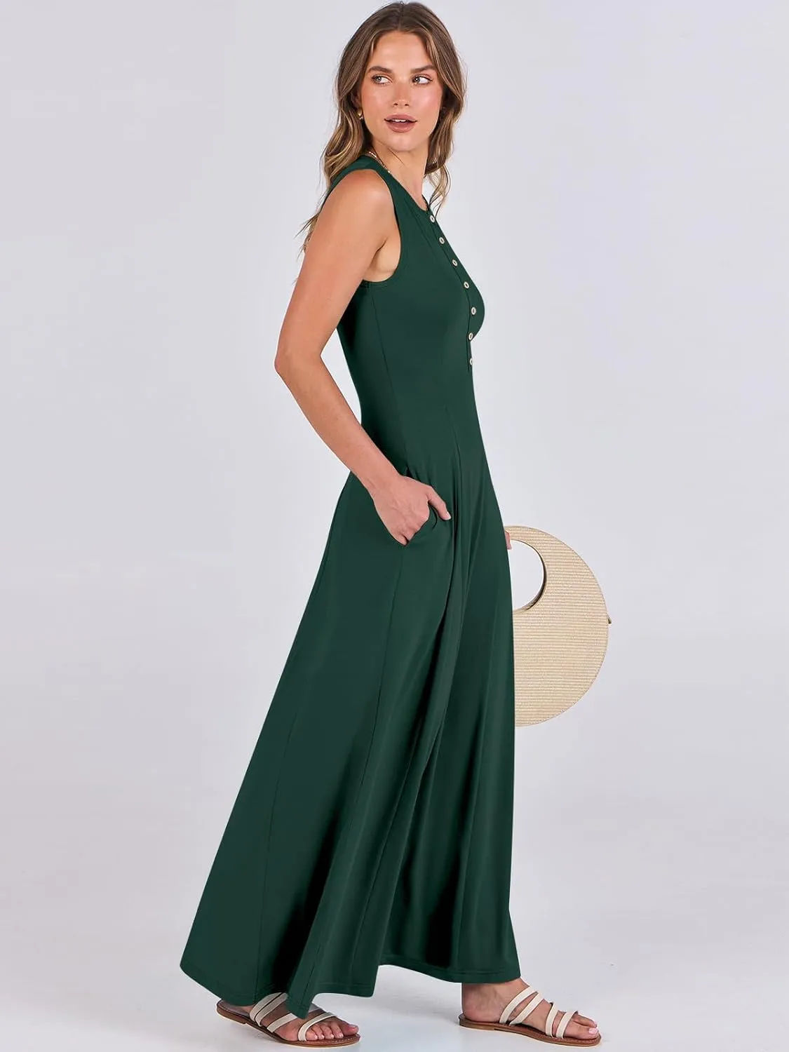 ANRABESS Women Summer Casual Sleeveless Maxi Sundress Button Fit & Flare A-Line Flowy Long Dresses 2025 Beach Outfits
