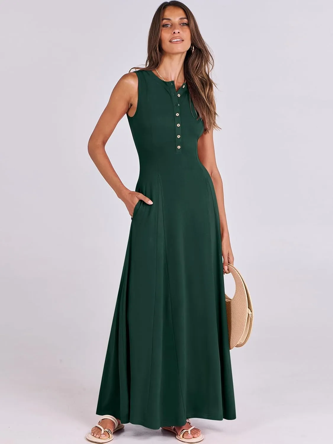 ANRABESS Women Summer Casual Sleeveless Maxi Sundress Button Fit & Flare A-Line Flowy Long Dresses 2025 Beach Outfits