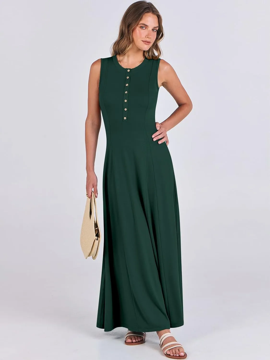 ANRABESS Women Summer Casual Sleeveless Maxi Sundress Button Fit & Flare A-Line Flowy Long Dresses 2025 Beach Outfits