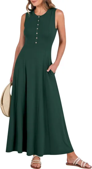 ANRABESS Women Summer Casual Sleeveless Maxi Sundress Button Fit & Flare A-Line Flowy Long Dresses 2025 Beach Outfits
