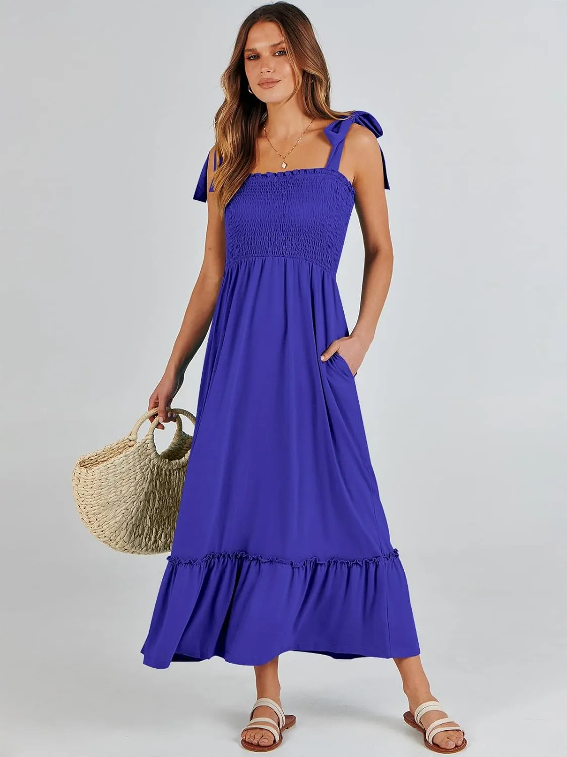 ANRABESS Women Summer Casual Strap Smocked Maxi Flowy Tiered A Line Beach Travel Sundress Wedding Guest Outfits