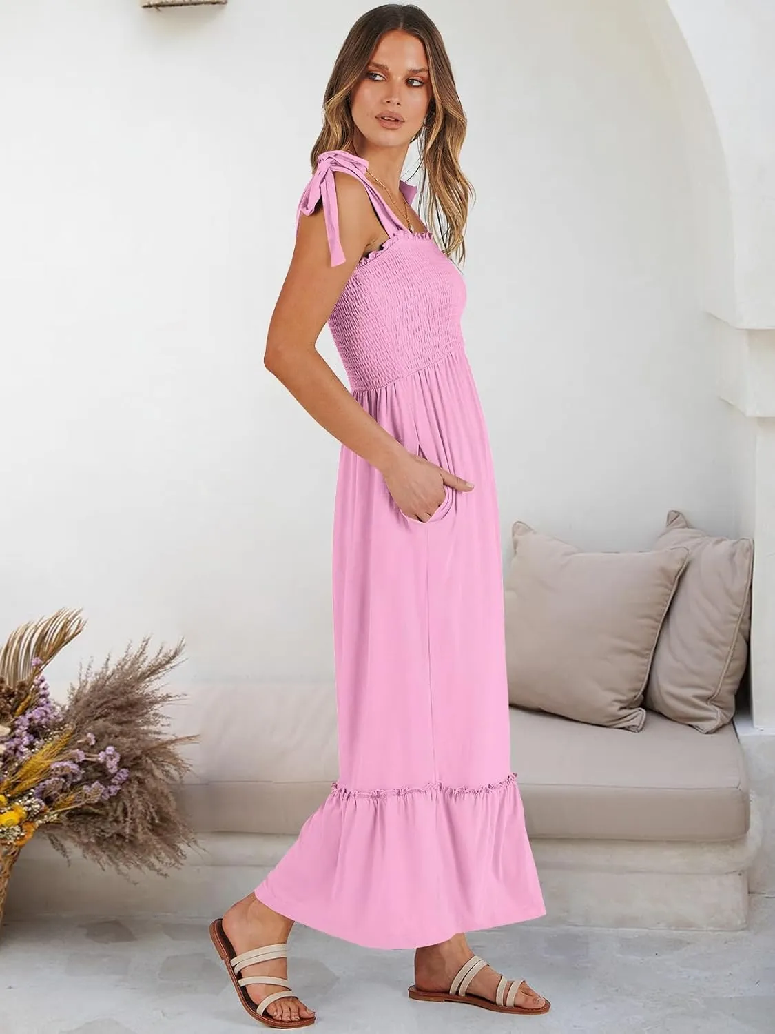 ANRABESS Women Summer Casual Strap Smocked Maxi Flowy Tiered A Line Beach Travel Sundress Wedding Guest Outfits