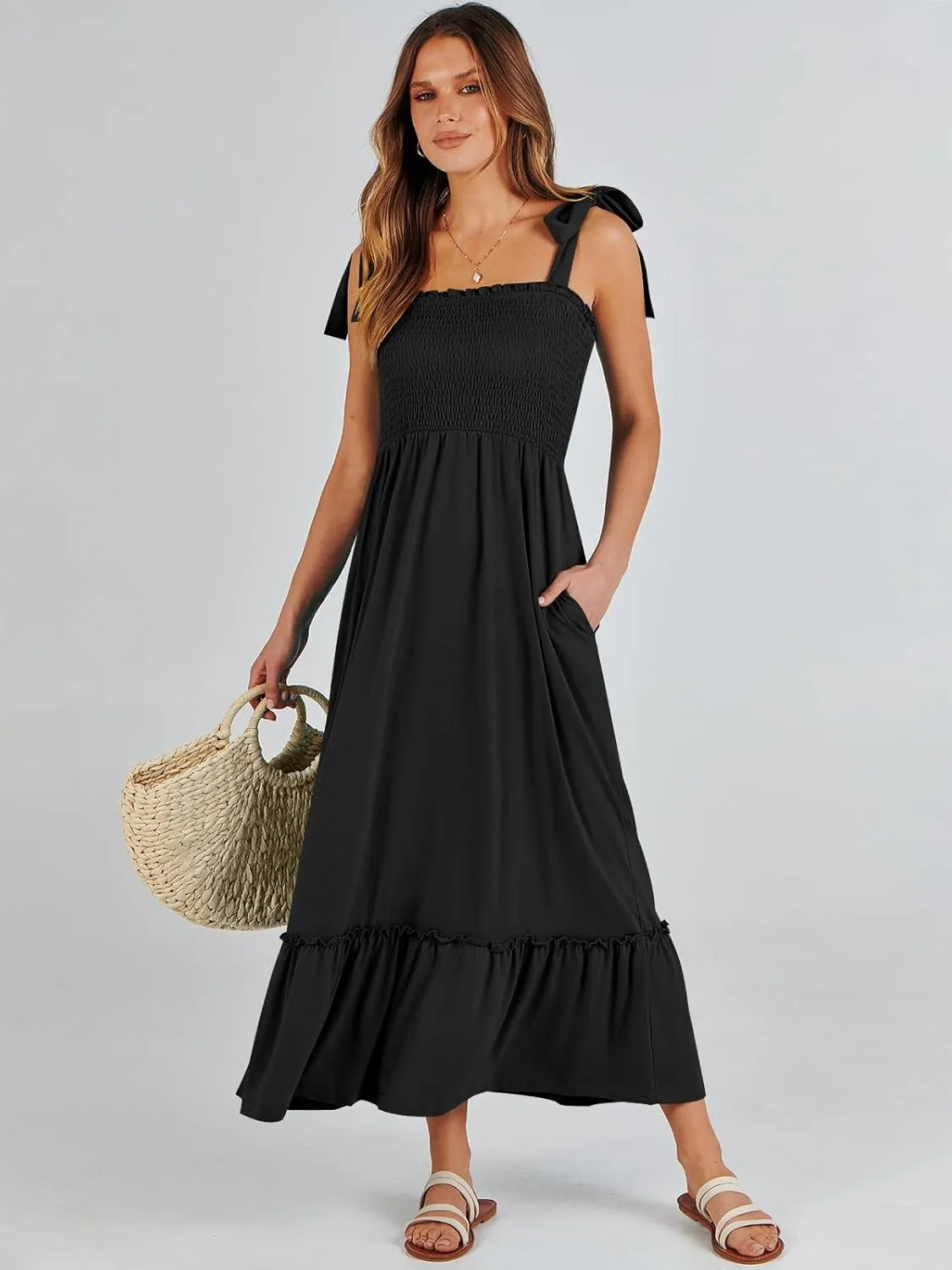ANRABESS Women Summer Casual Strap Smocked Maxi Flowy Tiered A Line Beach Travel Sundress Wedding Guest Outfits
