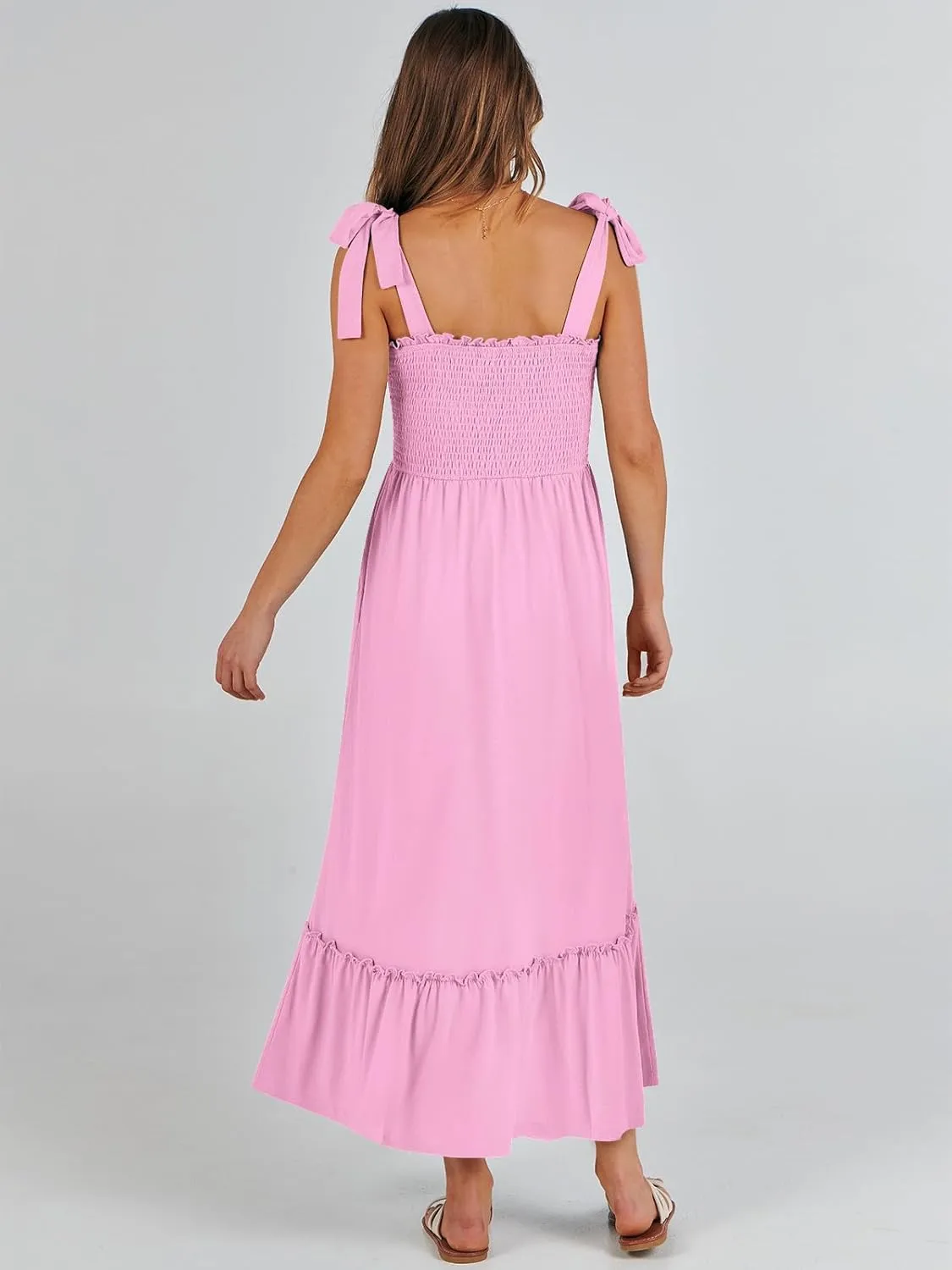 ANRABESS Women Summer Casual Strap Smocked Maxi Flowy Tiered A Line Beach Travel Sundress Wedding Guest Outfits
