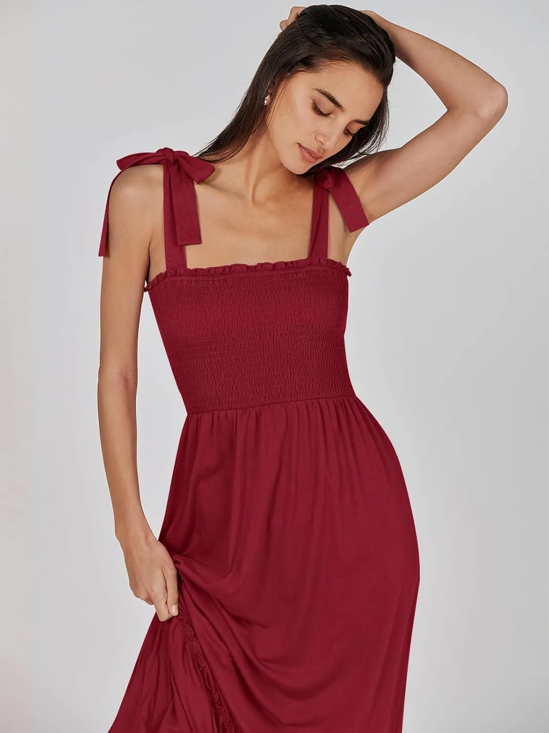 ANRABESS Women Summer Casual Strap Smocked Maxi Flowy Tiered A Line Beach Travel Sundress Wedding Guest Outfits