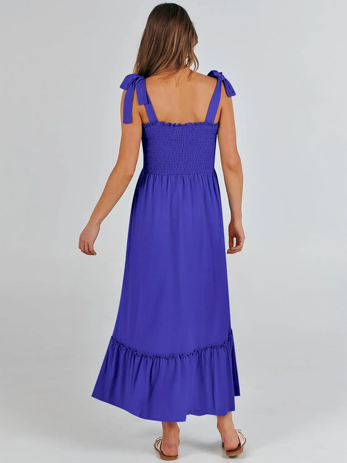 ANRABESS Women Summer Casual Strap Smocked Maxi Flowy Tiered A Line Beach Travel Sundress Wedding Guest Outfits