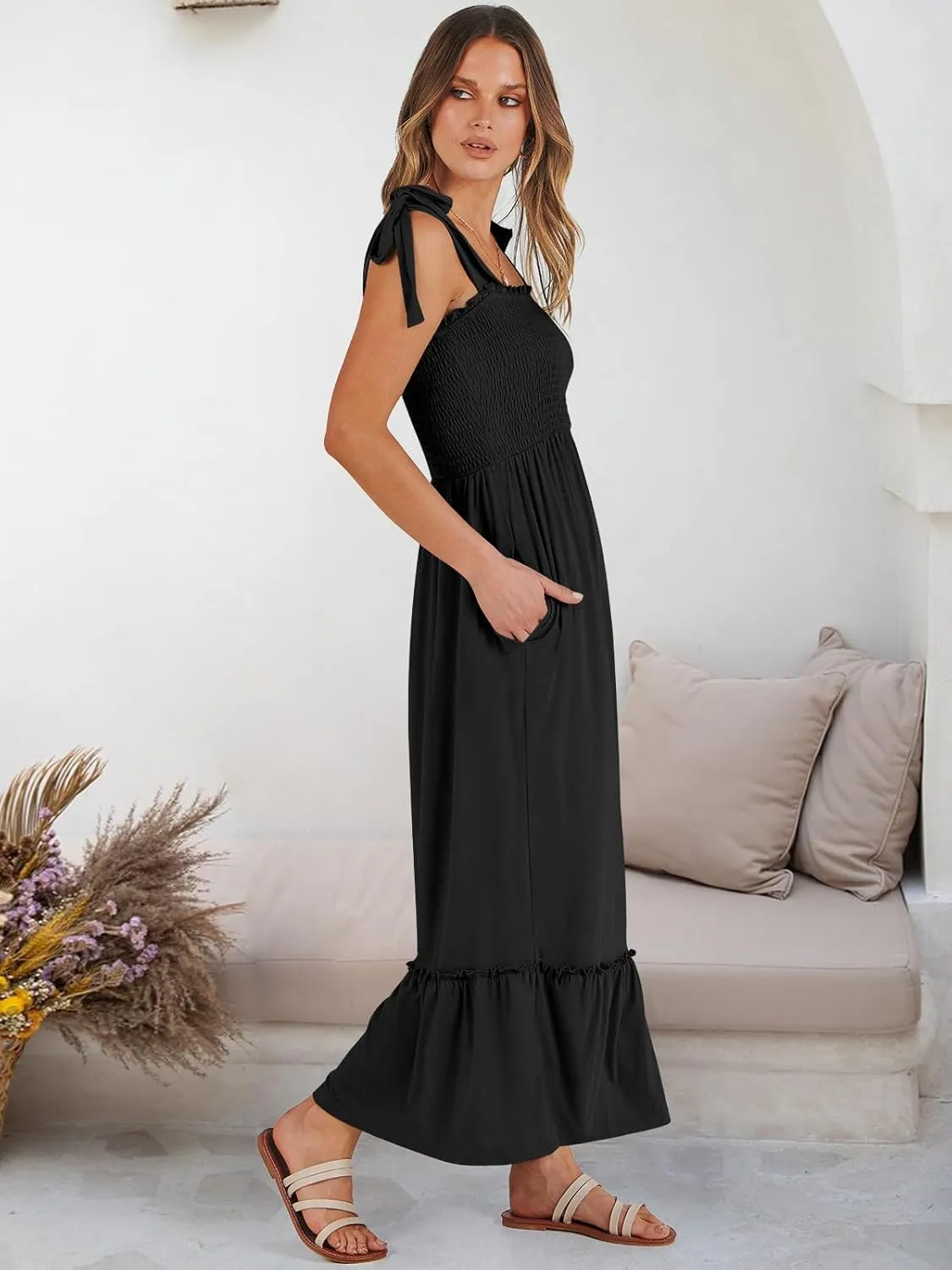 ANRABESS Women Summer Casual Strap Smocked Maxi Flowy Tiered A Line Beach Travel Sundress Wedding Guest Outfits