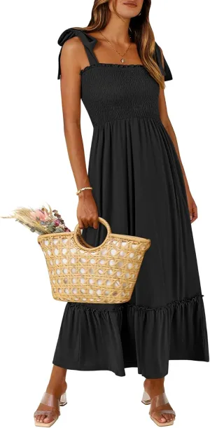 ANRABESS Women Summer Casual Strap Smocked Maxi Flowy Tiered A Line Beach Travel Sundress Wedding Guest Outfits