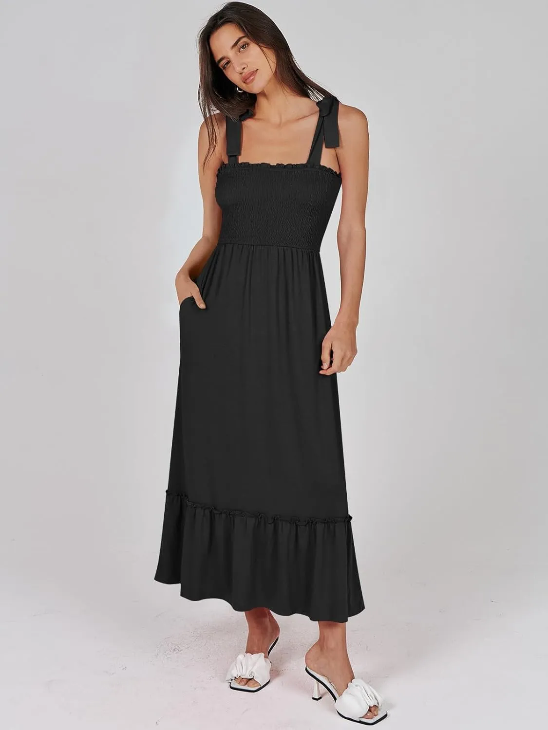 ANRABESS Women Summer Casual Strap Smocked Maxi Flowy Tiered A Line Beach Travel Sundress Wedding Guest Outfits
