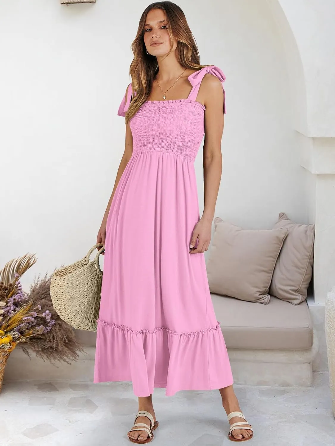 ANRABESS Women Summer Casual Strap Smocked Maxi Flowy Tiered A Line Beach Travel Sundress Wedding Guest Outfits