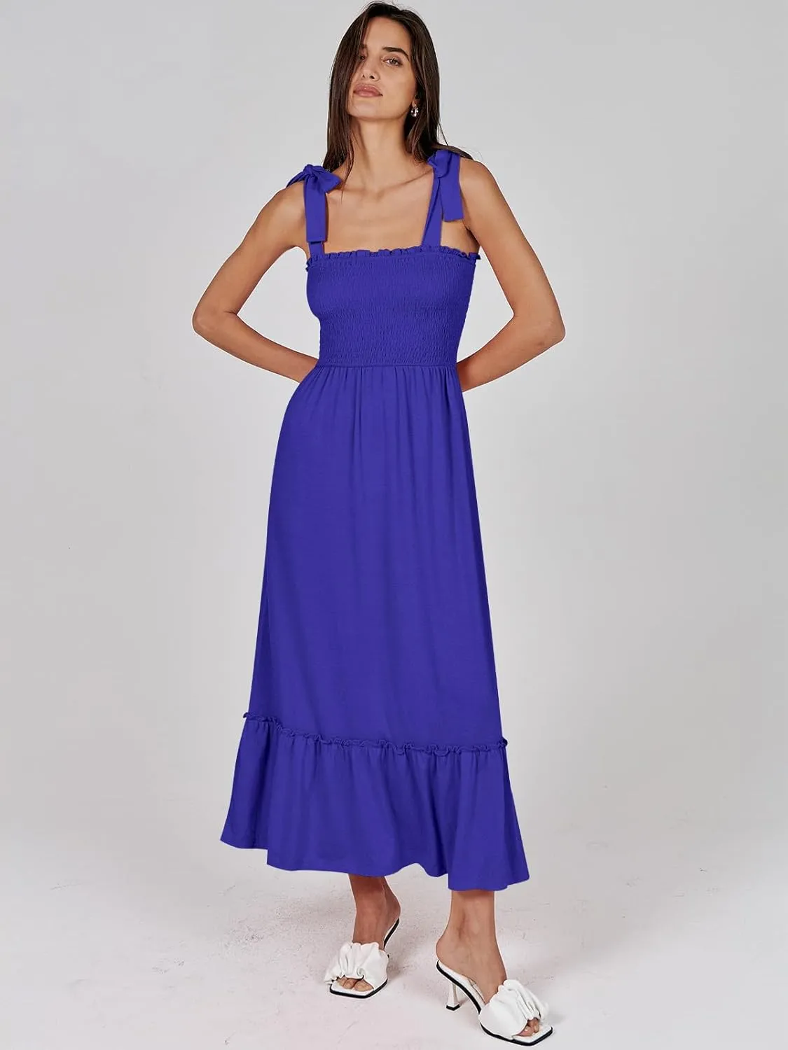 ANRABESS Women Summer Casual Strap Smocked Maxi Flowy Tiered A Line Beach Travel Sundress Wedding Guest Outfits