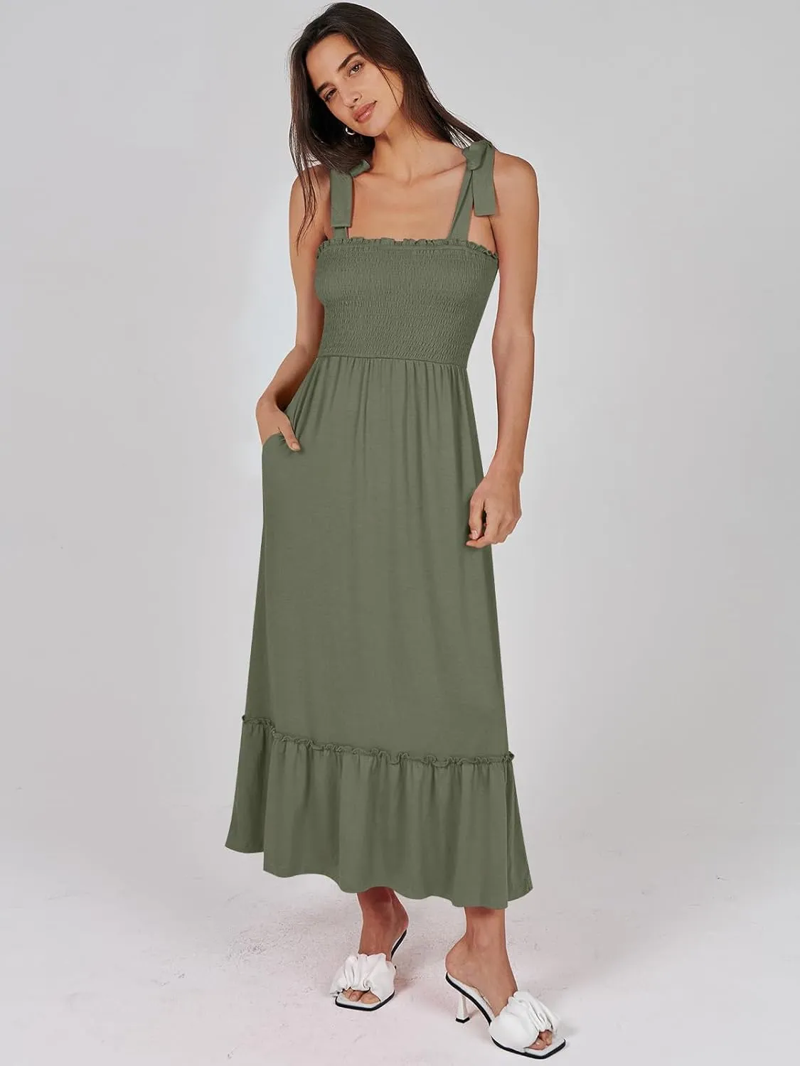 ANRABESS Women Summer Casual Strap Smocked Maxi Flowy Tiered A Line Beach Travel Sundress Wedding Guest Outfits