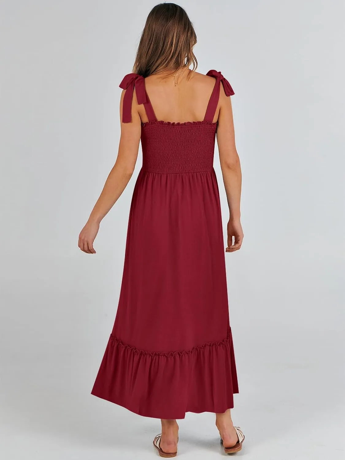 ANRABESS Women Summer Casual Strap Smocked Maxi Flowy Tiered A Line Beach Travel Sundress Wedding Guest Outfits