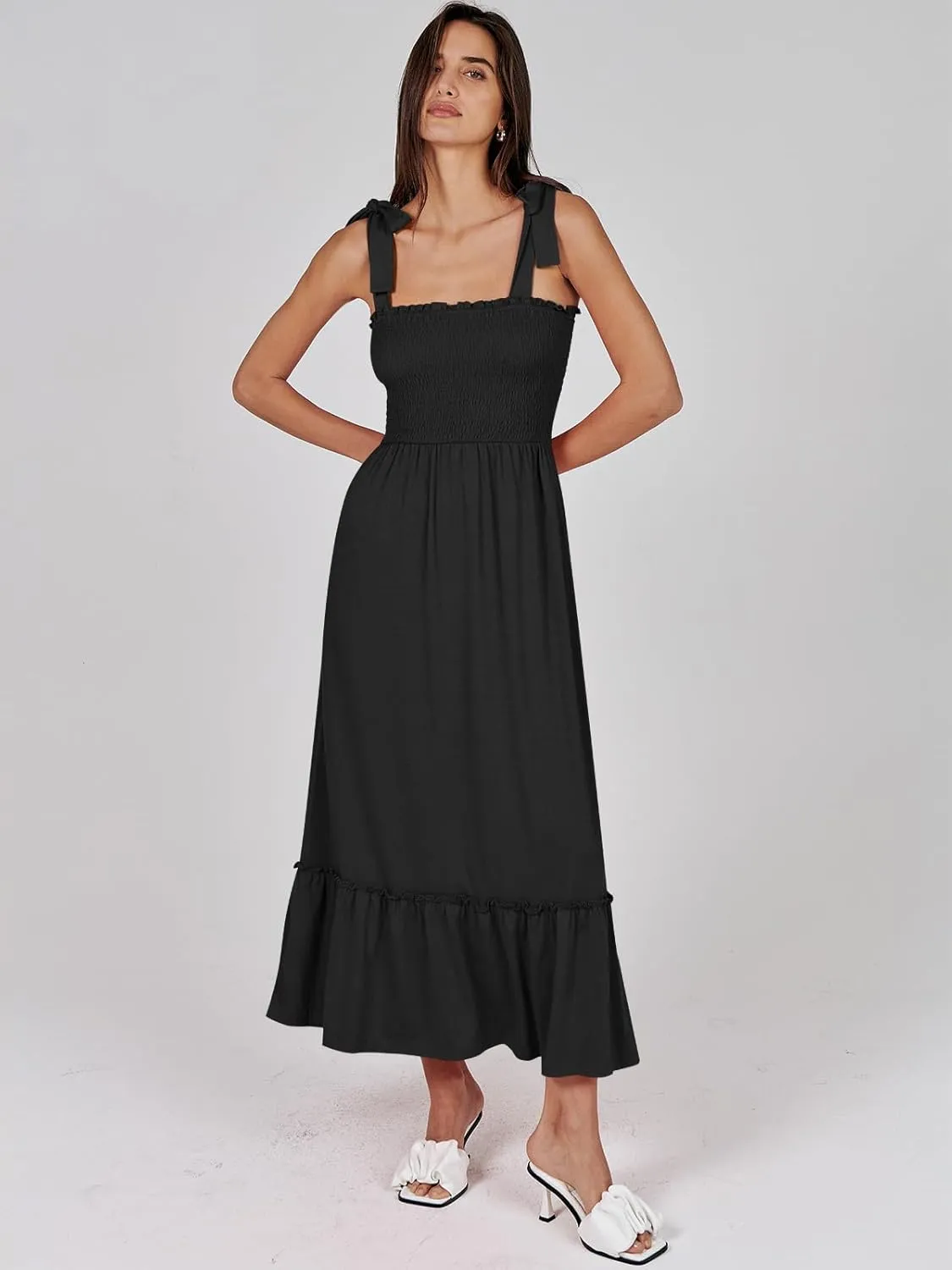 ANRABESS Women Summer Casual Strap Smocked Maxi Flowy Tiered A Line Beach Travel Sundress Wedding Guest Outfits