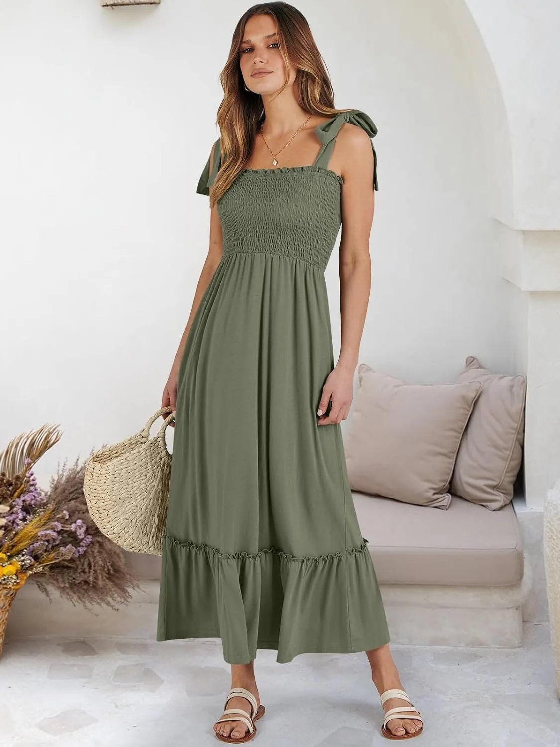 ANRABESS Women Summer Casual Strap Smocked Maxi Flowy Tiered A Line Beach Travel Sundress Wedding Guest Outfits