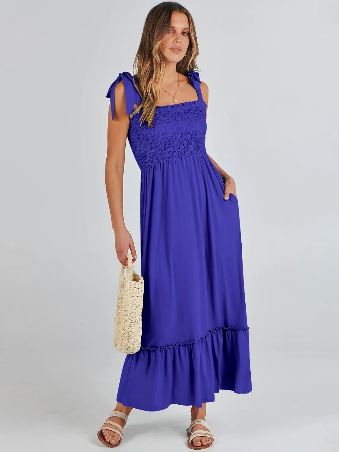 ANRABESS Women Summer Casual Strap Smocked Maxi Flowy Tiered A Line Beach Travel Sundress Wedding Guest Outfits