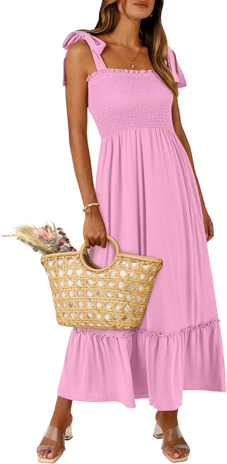 ANRABESS Women Summer Casual Strap Smocked Maxi Flowy Tiered A Line Beach Travel Sundress Wedding Guest Outfits