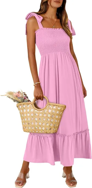 ANRABESS Women Summer Casual Strap Smocked Maxi Flowy Tiered A Line Beach Travel Sundress Wedding Guest Outfits