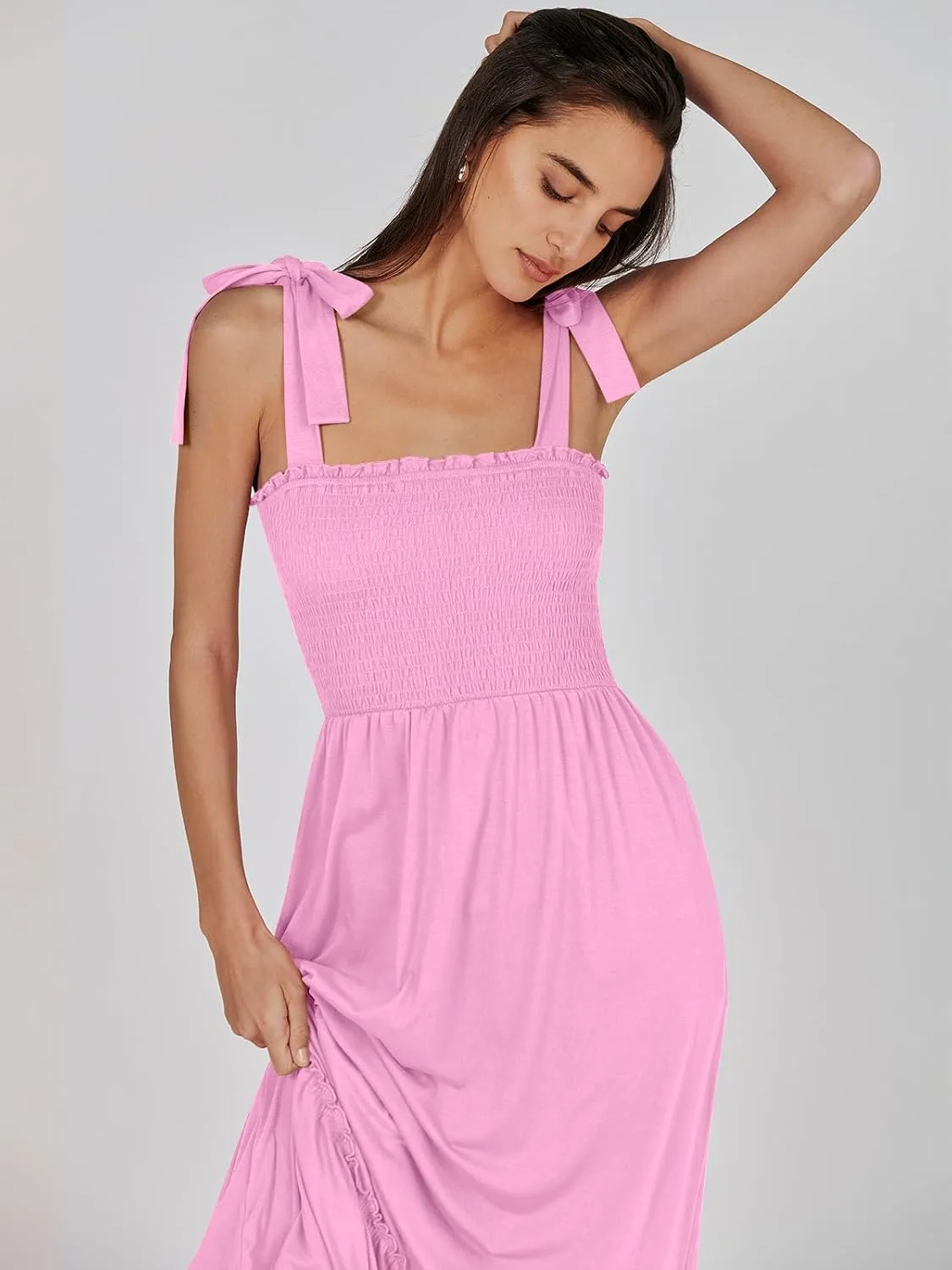 ANRABESS Women Summer Casual Strap Smocked Maxi Flowy Tiered A Line Beach Travel Sundress Wedding Guest Outfits
