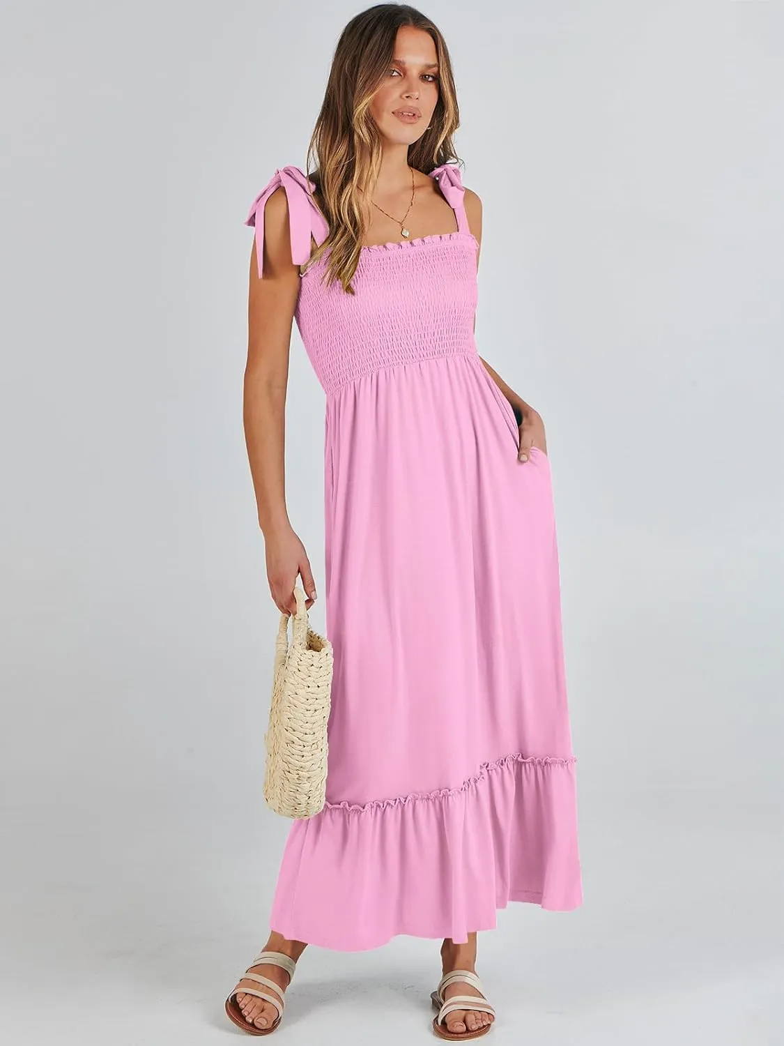 ANRABESS Women Summer Casual Strap Smocked Maxi Flowy Tiered A Line Beach Travel Sundress Wedding Guest Outfits