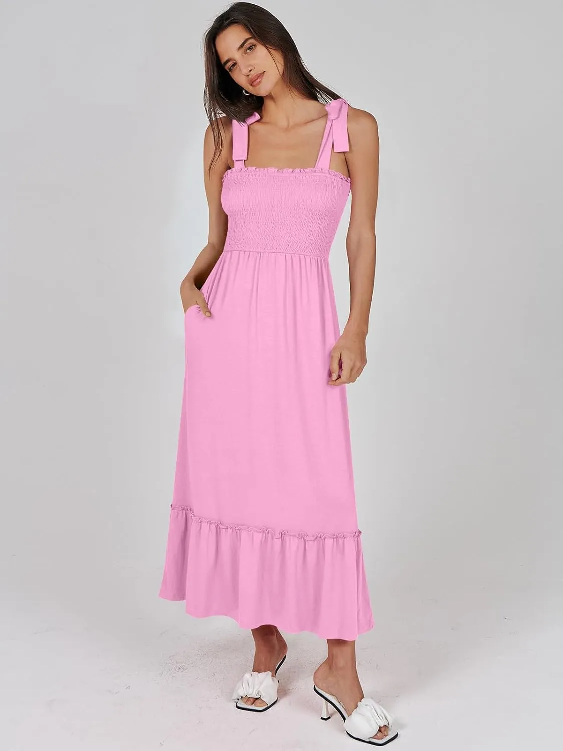 ANRABESS Women Summer Casual Strap Smocked Maxi Flowy Tiered A Line Beach Travel Sundress Wedding Guest Outfits