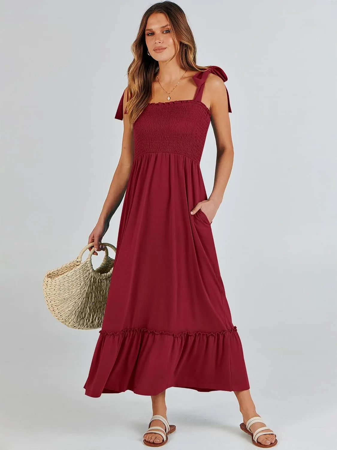 ANRABESS Women Summer Casual Strap Smocked Maxi Flowy Tiered A Line Beach Travel Sundress Wedding Guest Outfits