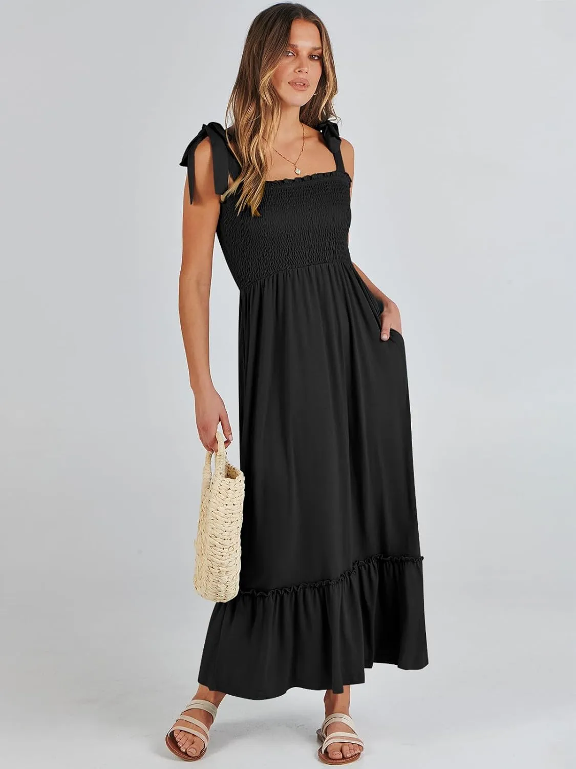 ANRABESS Women Summer Casual Strap Smocked Maxi Flowy Tiered A Line Beach Travel Sundress Wedding Guest Outfits