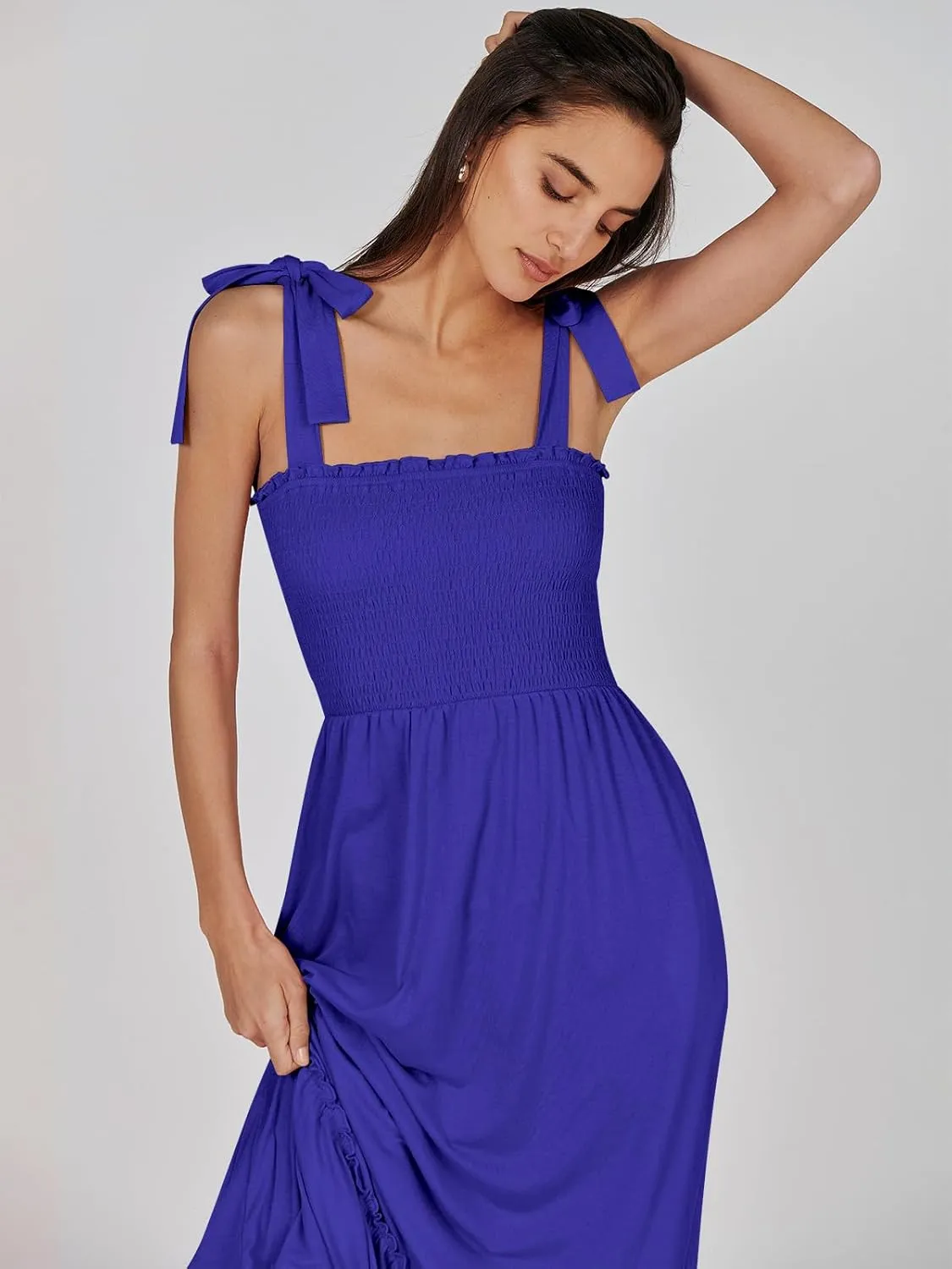 ANRABESS Women Summer Casual Strap Smocked Maxi Flowy Tiered A Line Beach Travel Sundress Wedding Guest Outfits