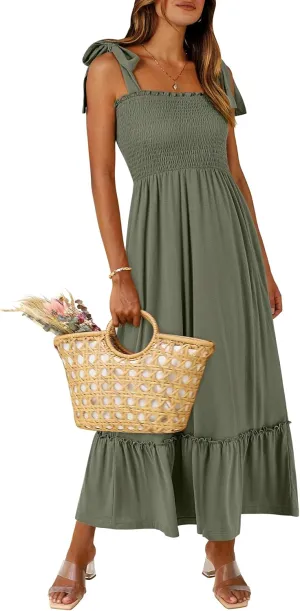 ANRABESS Women Summer Casual Strap Smocked Maxi Flowy Tiered A Line Beach Travel Sundress Wedding Guest Outfits