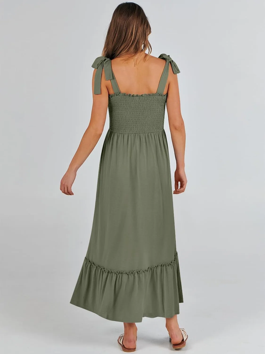 ANRABESS Women Summer Casual Strap Smocked Maxi Flowy Tiered A Line Beach Travel Sundress Wedding Guest Outfits