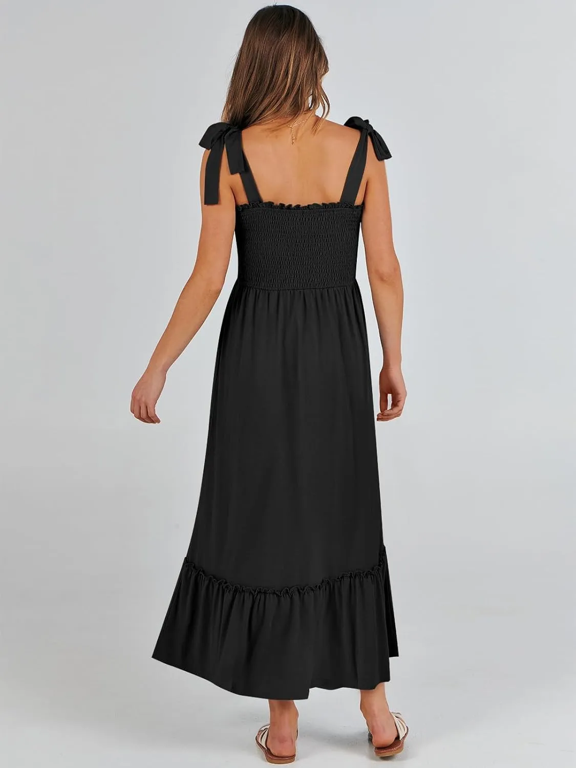 ANRABESS Women Summer Casual Strap Smocked Maxi Flowy Tiered A Line Beach Travel Sundress Wedding Guest Outfits