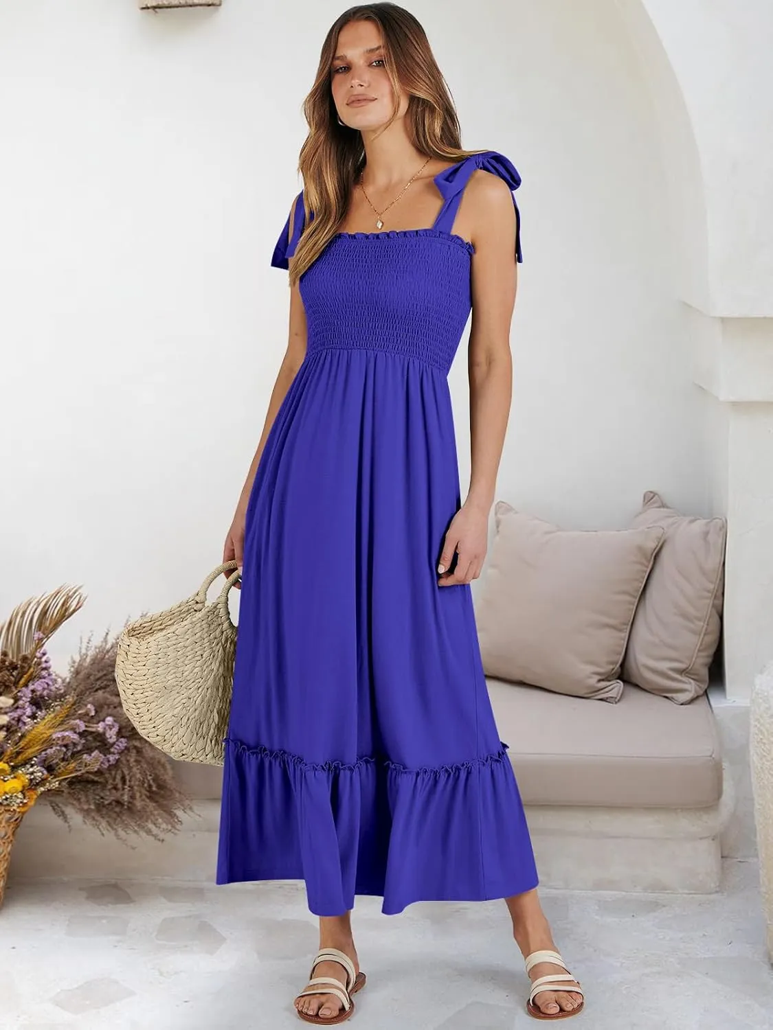 ANRABESS Women Summer Casual Strap Smocked Maxi Flowy Tiered A Line Beach Travel Sundress Wedding Guest Outfits