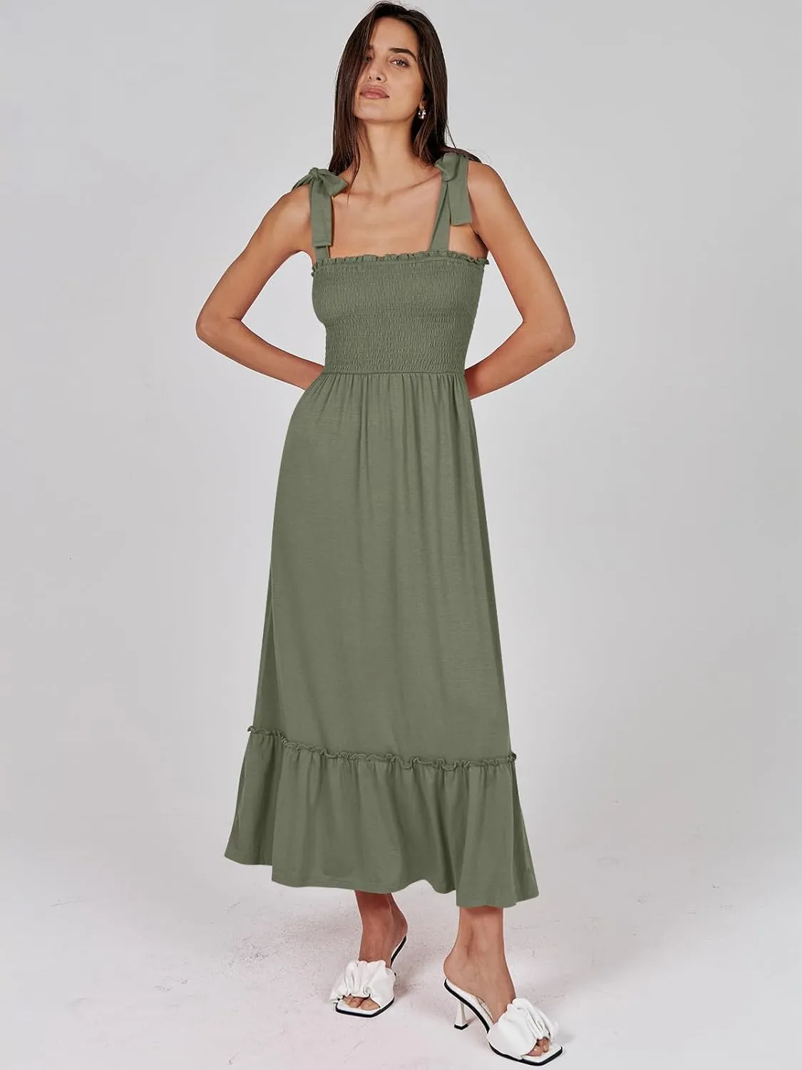 ANRABESS Women Summer Casual Strap Smocked Maxi Flowy Tiered A Line Beach Travel Sundress Wedding Guest Outfits