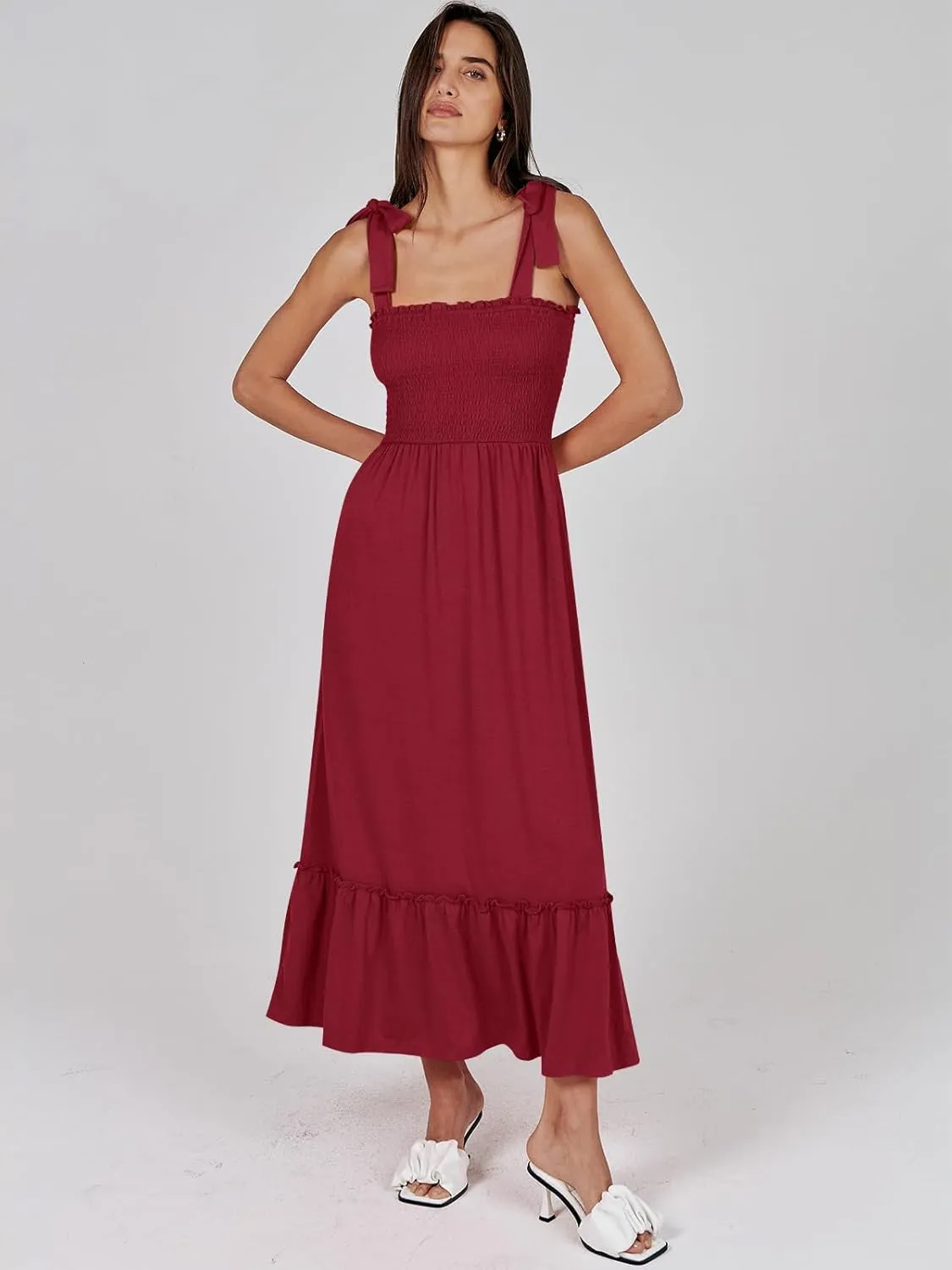 ANRABESS Women Summer Casual Strap Smocked Maxi Flowy Tiered A Line Beach Travel Sundress Wedding Guest Outfits