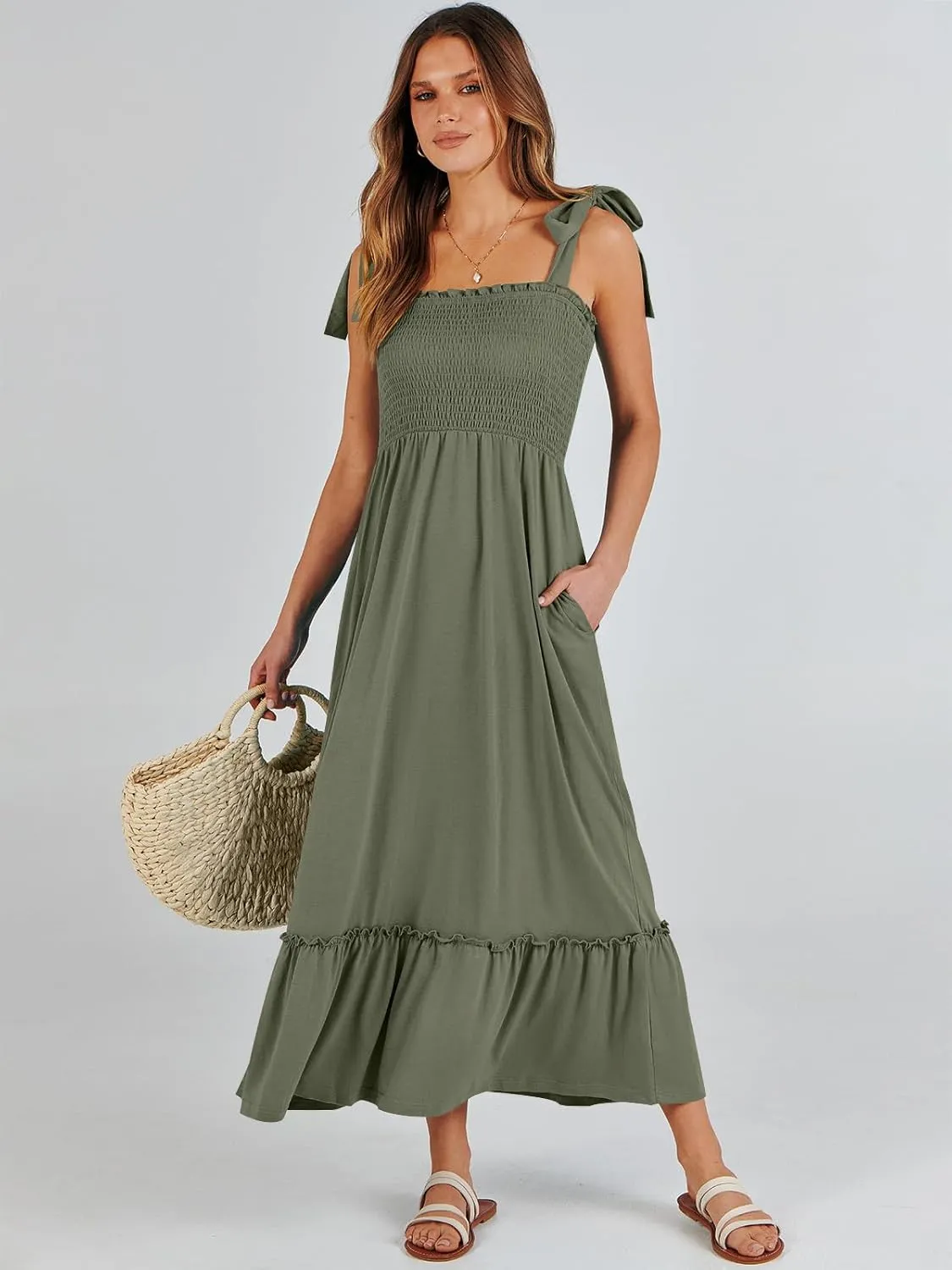 ANRABESS Women Summer Casual Strap Smocked Maxi Flowy Tiered A Line Beach Travel Sundress Wedding Guest Outfits