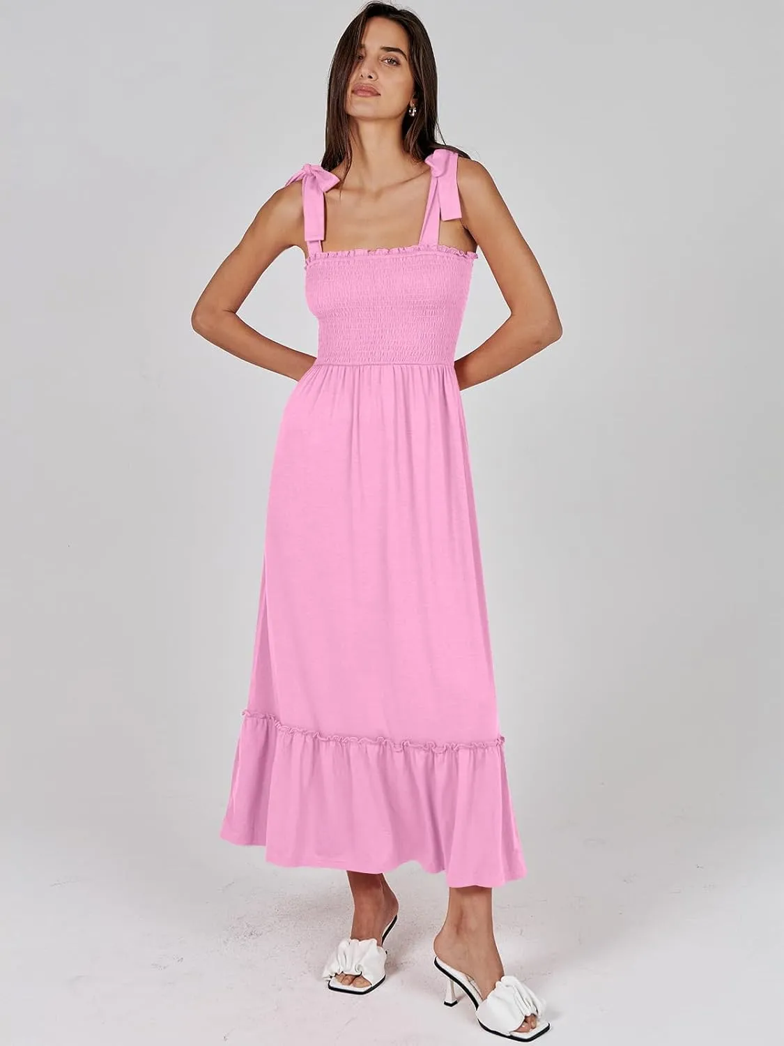 ANRABESS Women Summer Casual Strap Smocked Maxi Flowy Tiered A Line Beach Travel Sundress Wedding Guest Outfits
