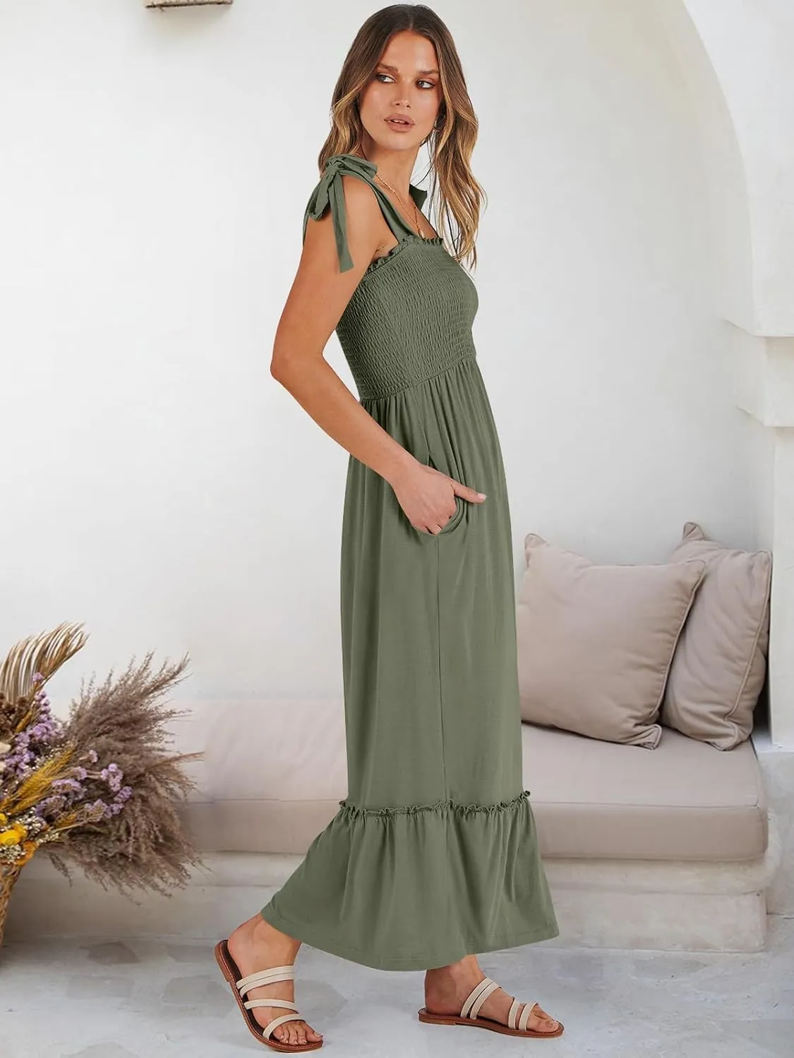 ANRABESS Women Summer Casual Strap Smocked Maxi Flowy Tiered A Line Beach Travel Sundress Wedding Guest Outfits