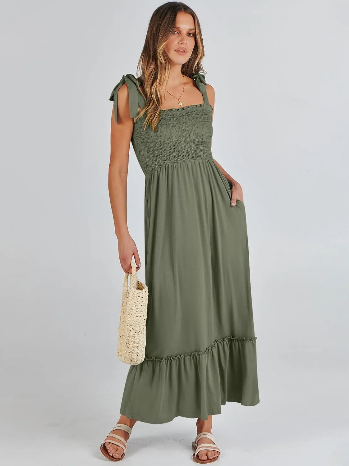 ANRABESS Women Summer Casual Strap Smocked Maxi Flowy Tiered A Line Beach Travel Sundress Wedding Guest Outfits