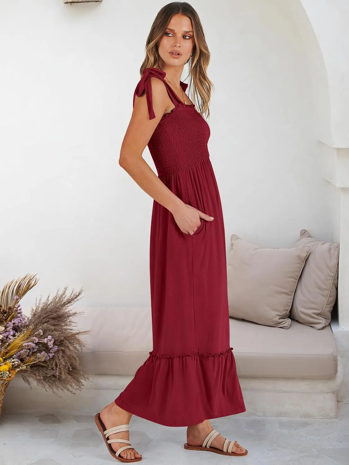ANRABESS Women Summer Casual Strap Smocked Maxi Flowy Tiered A Line Beach Travel Sundress Wedding Guest Outfits