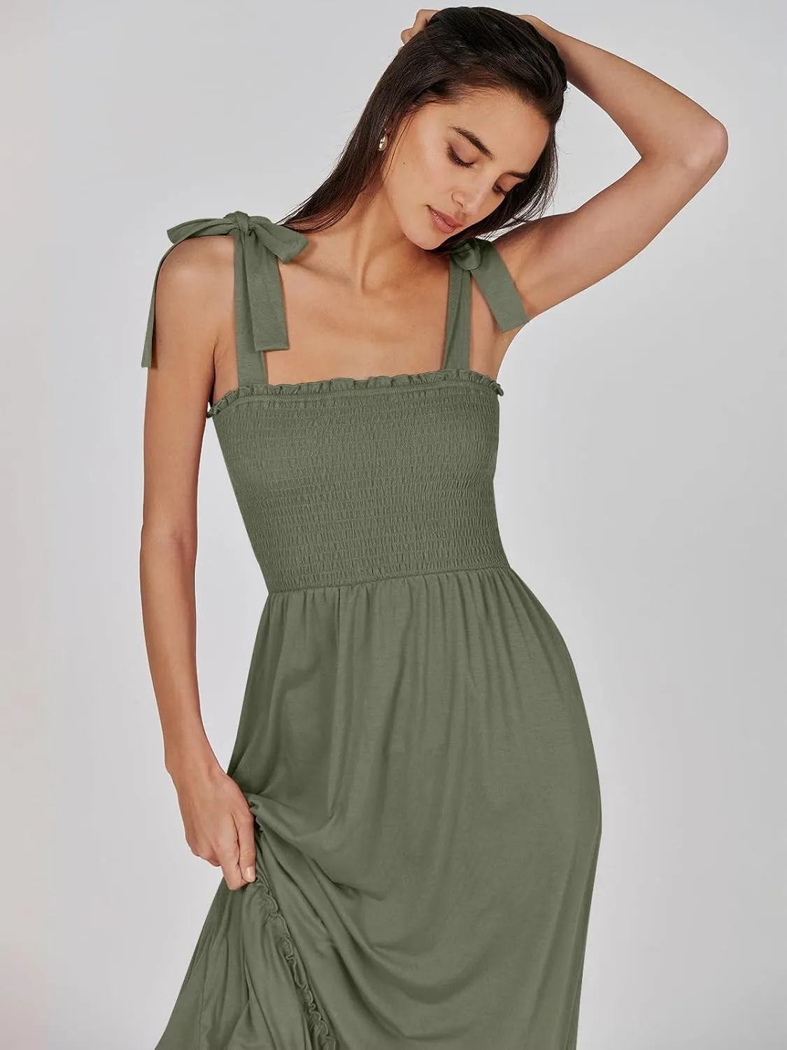 ANRABESS Women Summer Casual Strap Smocked Maxi Flowy Tiered A Line Beach Travel Sundress Wedding Guest Outfits