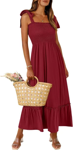 ANRABESS Women Summer Casual Strap Smocked Maxi Flowy Tiered A Line Beach Travel Sundress Wedding Guest Outfits
